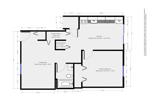 Floor plan for 1 bed, 1 bath, 629 sqft